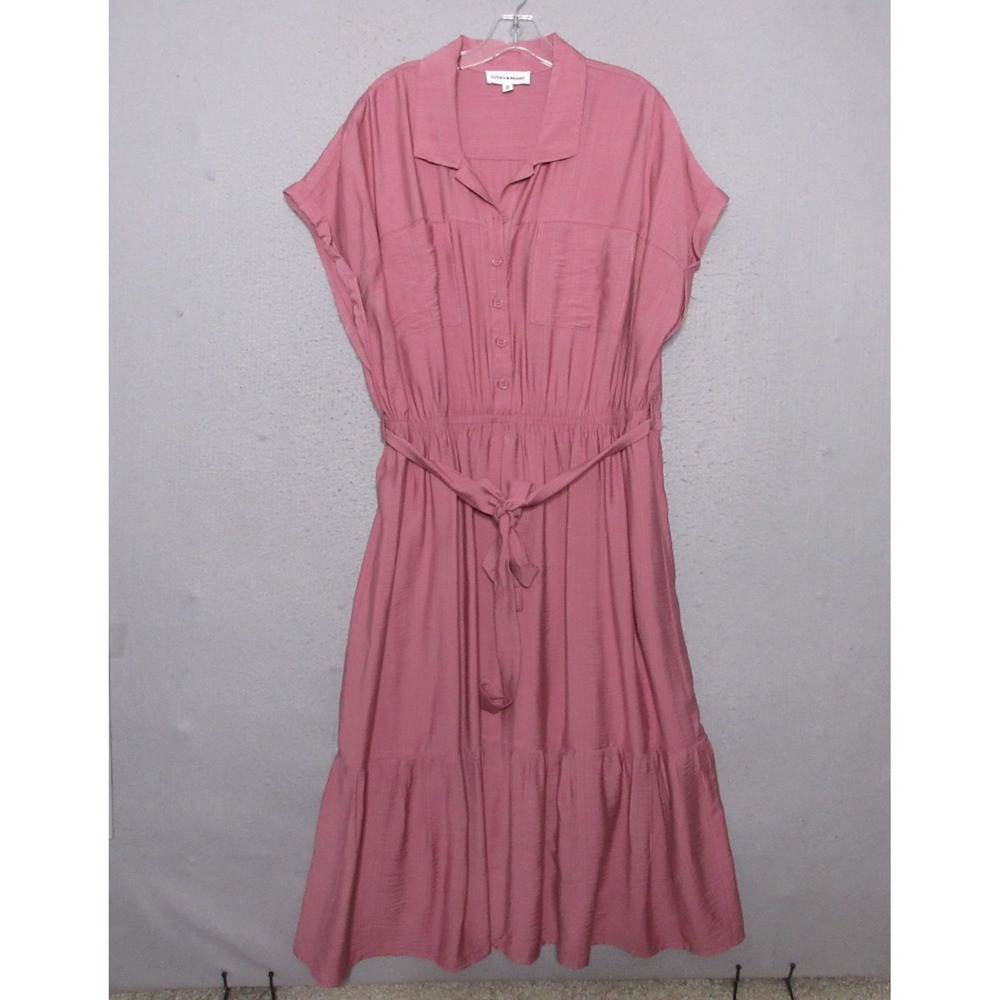 Lucky Brand Shirt Dress Plus 2X Pink Mauve Midi Comfort Tie Waist Boho Ruffle